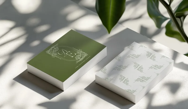 Botanical brand identity — green business cards and pattern