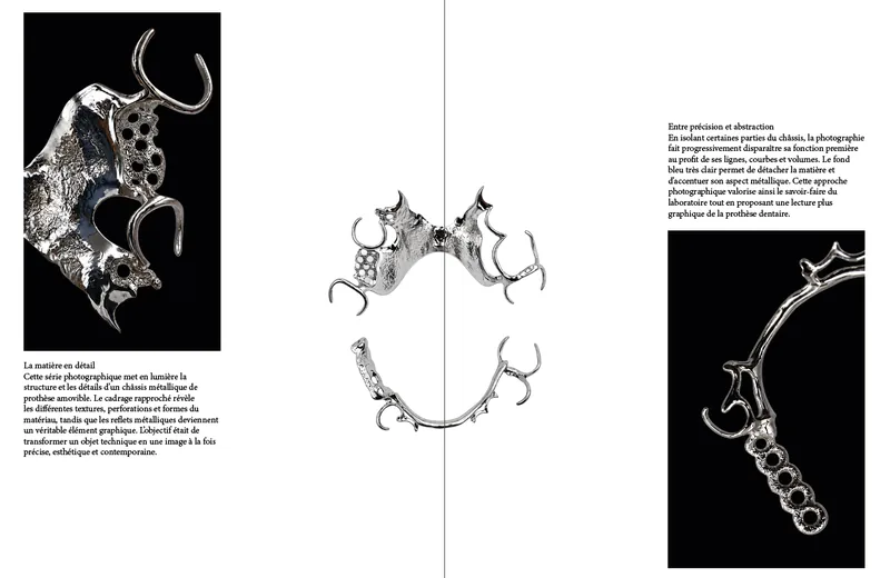 Dental prosthetics — editorial spread with metallic close-ups